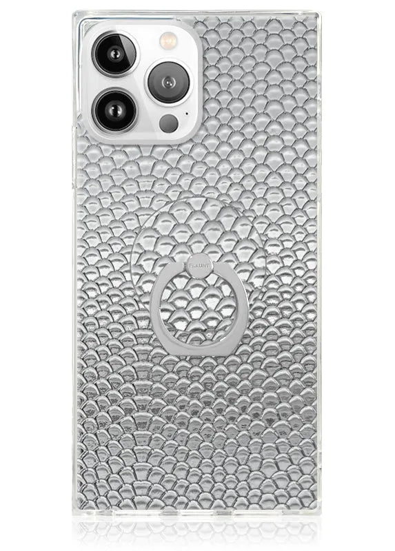 Silver Metallic Snakeskin Faux Leather Adhesive Phone Ring Stand