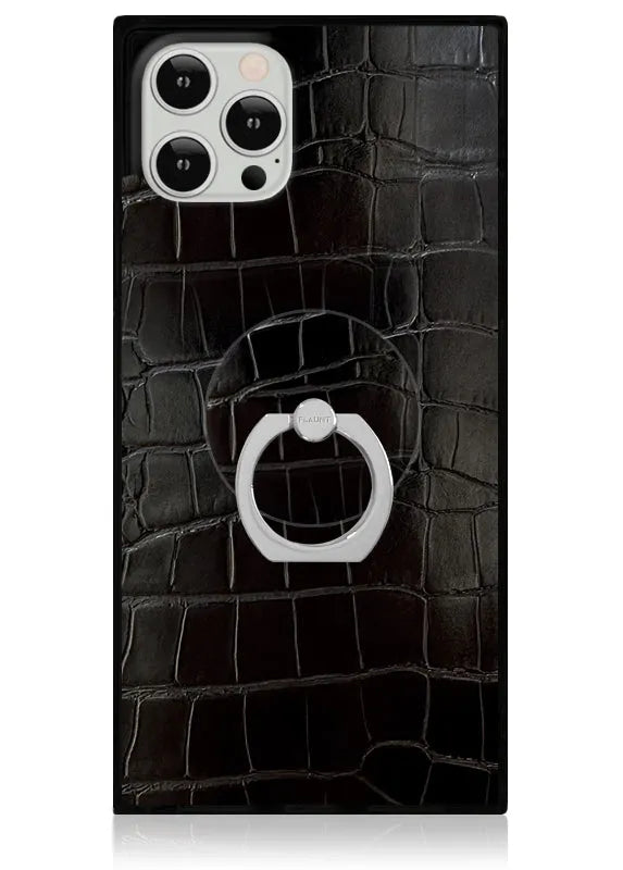 Black Crocodile Faux Leather Adhesive Phone Ring Stand