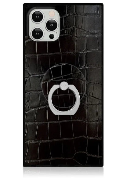 Black Crocodile Faux Leather Adhesive Phone Ring Stand