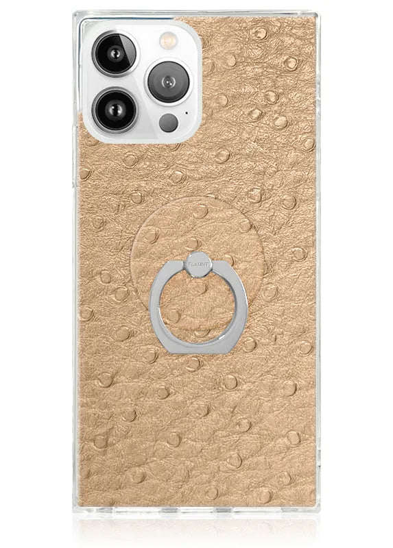 Tan Ostrich Faux Leather Adhesive Phone Ring Stand