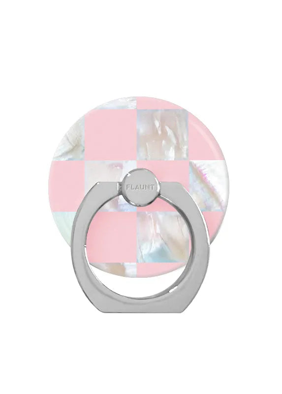 Pink Checkered Mother of Pearl Adhesive Phone Ring Stand