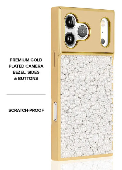 Elite Collection - SQUARE® Gold Metallic Embellished Faux Pearl iPhone Case (Not MagSafe Compatible)